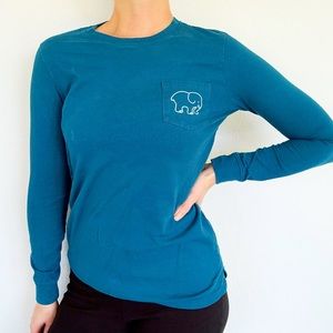 Ivory Ella indigo blue elephant print long sleeve cotton pocket tee size XS